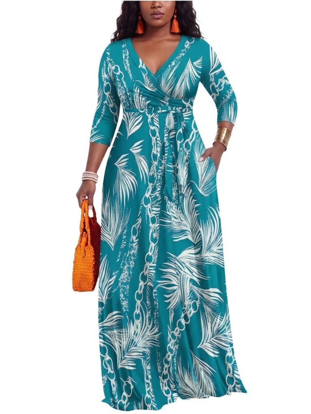 Women's V-Neck 3/4 Sleeve Maxi Dress with Waist Tie, Printed Flowy Long Dress